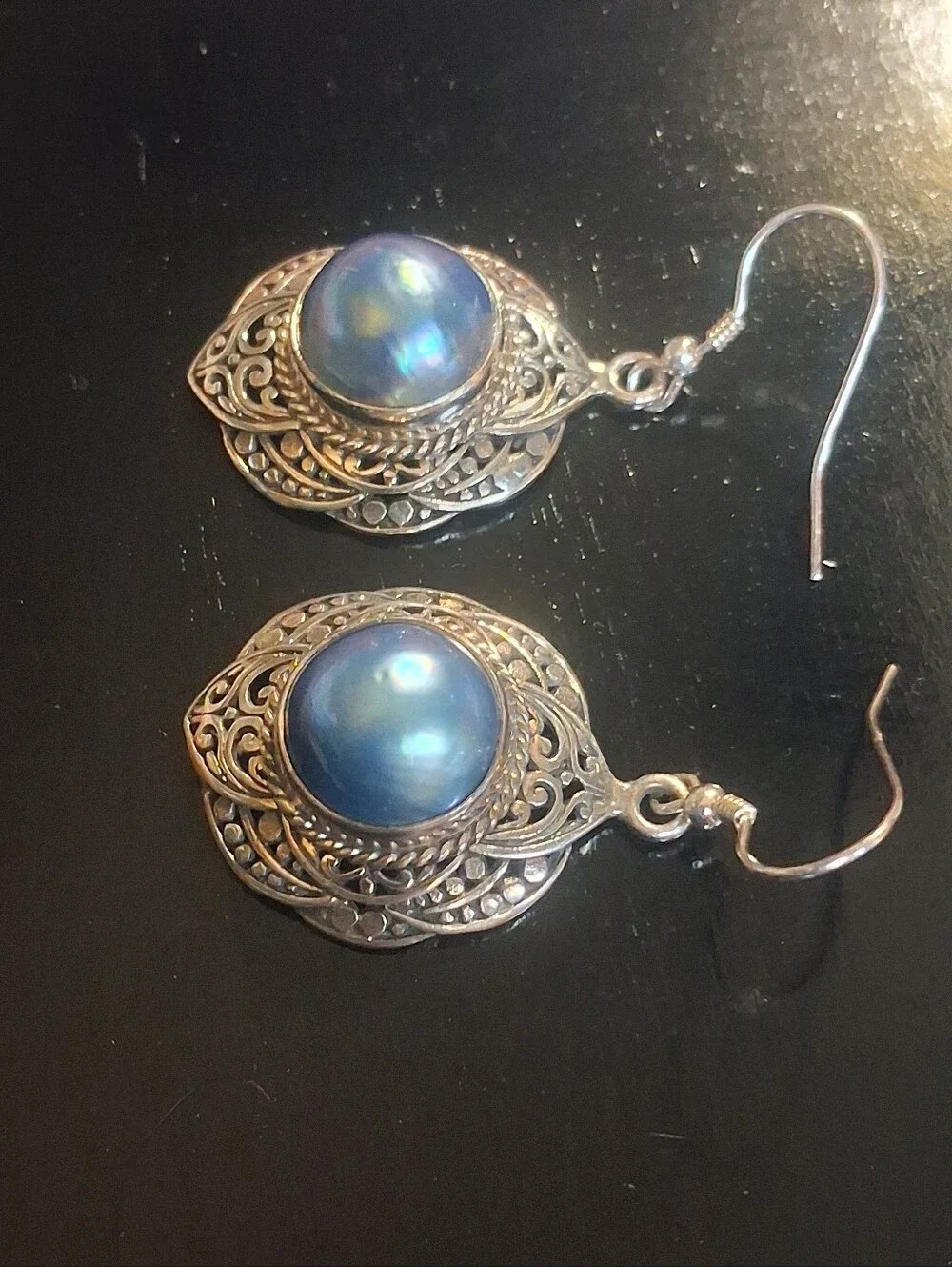 Cultured Blue Mabe Pearl Sterling Silver Dangle Drop Earrings Balinese Style